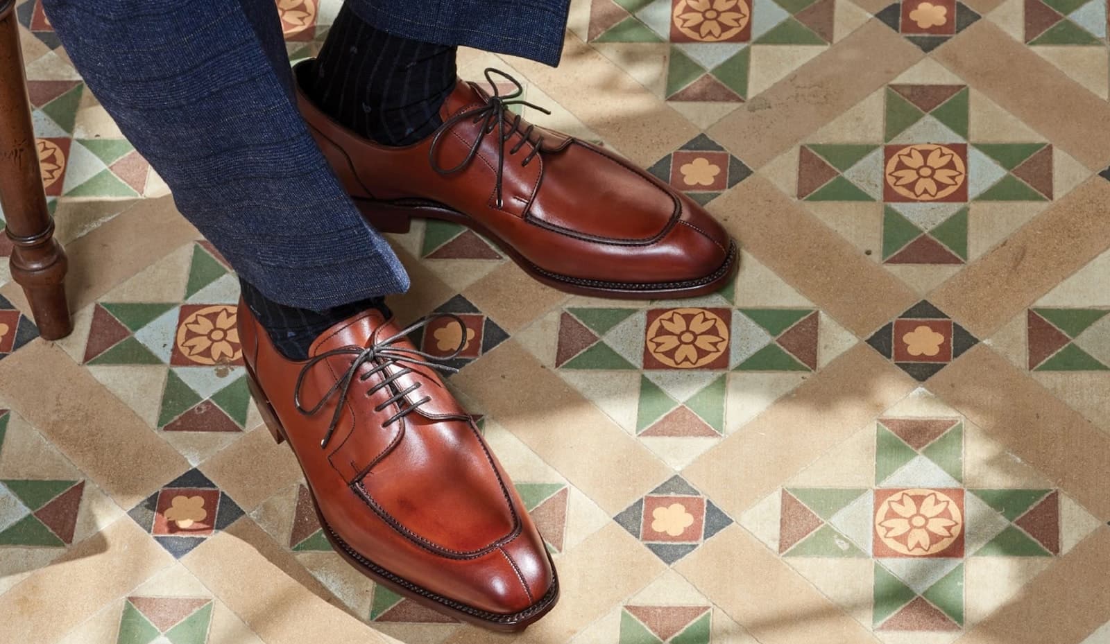 Cognac calf-leather derby shoes with a fine smooth grain and a quiet even sheen